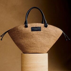 Sézane Straw Tote with Black Leather Handles